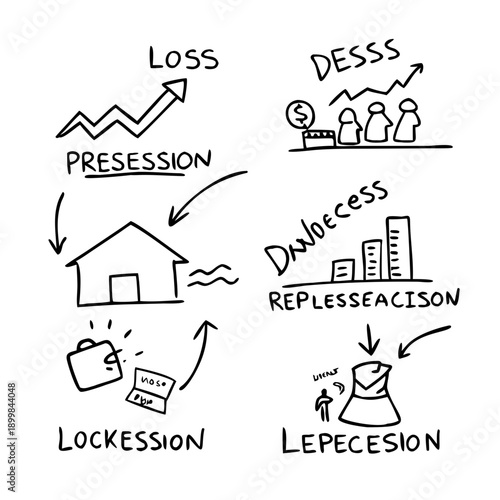 Economic recession cycle concept with hand drawn illustrations