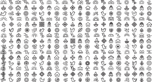 set of various line icons on white background including symbols for astrology and religion  icons are simple line drawings