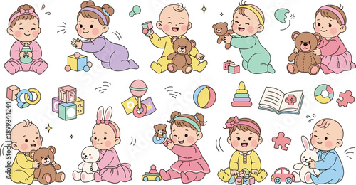 Cute Baby Characters Playing with Toys and Teddy Bears Cartoon Vector Set for Parenting, Nursery, Childhood, and Kids Illustration Designs