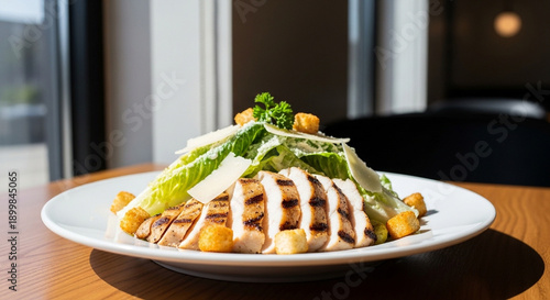 Grilled chicken salad with dressing on a white plate.