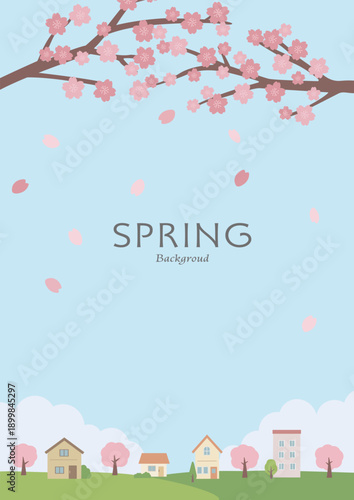 春の背景イラスト　桜と花びらと家のイラスト　バナー