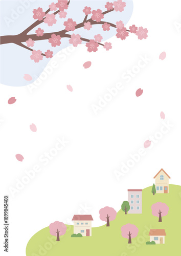 春の背景イラスト　桜と花びらと家のイラスト　バナー