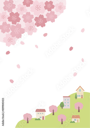 春の背景イラスト　桜と花びらと家のイラスト　バナー