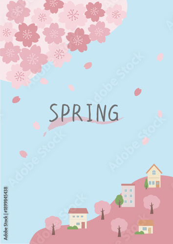 春の背景イラスト　桜と花びらと家のイラスト　バナー