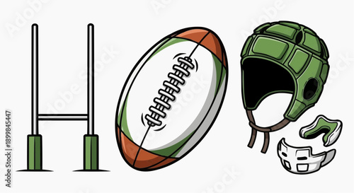 American Football Equipment Including Ball, Helmet and Goalpost Set Against Sports Field Background