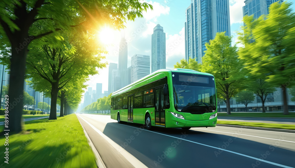 Obraz premium Green public bus drives on city street past trees and skyscrapers. Modern bus travels on road in urban landscape during daylight. Eco-friendly transit system provides sustainable city transport.