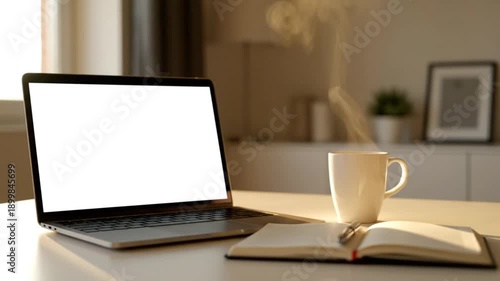 Wallpaper Mural Bright evening home office workspace with laptop and coffee Torontodigital.ca