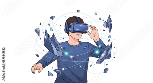 Man using virtual reality headset with futuristic interface