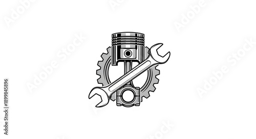 Mechanical Piston and Wrench Illustration.