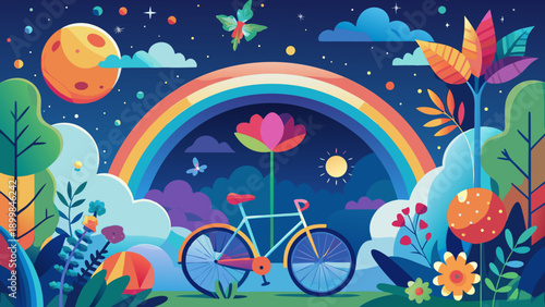 Vibrant nighttime journey under a starlit rainbow Vector