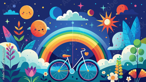 Whimsical nighttime bike ride under a radiant rainbow Vector