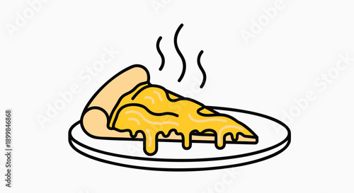 Vector illustration of a steaming hot slice of cheese pizza on a plate, for menu or food blog