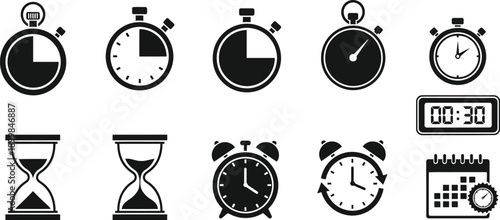 Stopwatch or timer. Clocks, a stopwatch, a digital timer, an hourglass, an alarm clock, and a calendar icon. 
