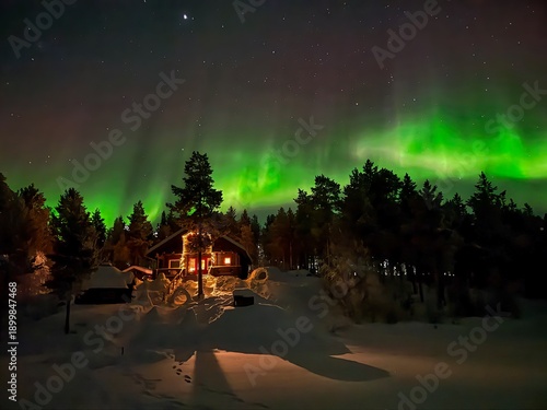 Cabin in the woods close to Ivalo, Lapland, Finland during Polar Night, North to the Arctic Circle during the natural phenomenon of Northern Lights in Winter