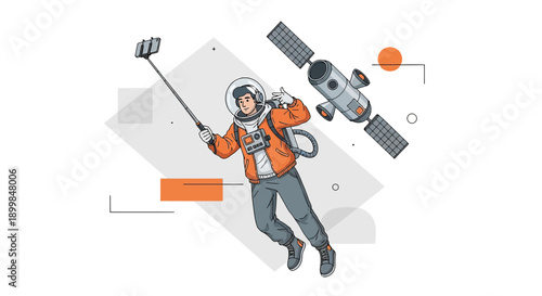 Astronaut taking a space selfie with satellite backdrop portraying modern exploration