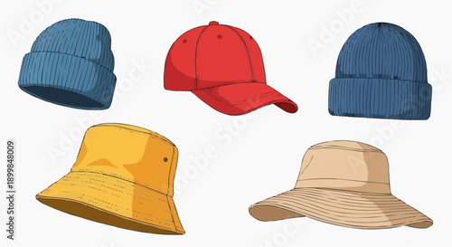 Collection of assorted hats and caps displayed on a white surface from a top-down viewpoint