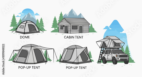 Camping Tents and Vehicles in Mountainous Landscape Illustration