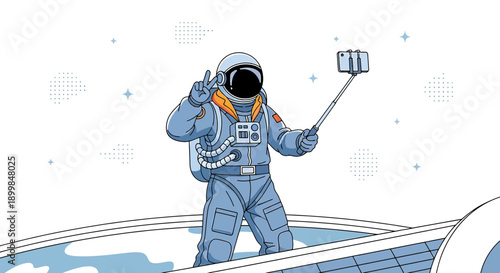 Astronaut taking selfie in space, futuristic exploration scene depicting social media in cosmos