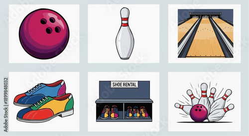 Illustration of bowling elements including ball, pin, lane, shoes, and scoreboard displayed together in a collage format