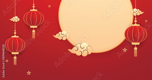 Happy Chinese new year 2026. Chinese new year banner for show product. Greeting card. China frame with lantern on red background.