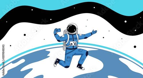 Astronaut taking selfie in vibrant surreal space landscape exploring vast cosmos