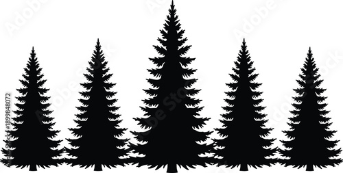 Black pine tree silhouettes set isolated on white background, evergreen forest icons for nature design, winter themes, landscaping, logos, and outdoor branding