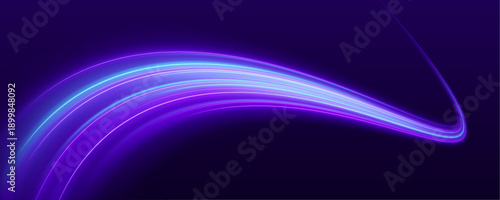 Bright neon trails curve through space, creating a sense of acceleration. Electric colors glow against a dark backdrop. Dynamic abstract motion illustration.
