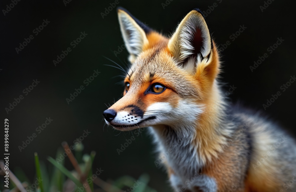 Obraz premium Close up portrait of a wild red fox. This curious mammal has bright orange fur and watchful amber eyes. Fox looks alert in natural woodland habitat. Its ears are perked up.