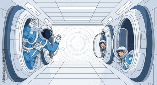 Astronauts exploring a futuristic spaceship corridor, a scene of cosmic adventure and exploration