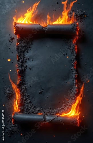 Burned scroll with glowing ashes and bright orange flames symbolizes destruction or forgotten knowledge. Dark background with subtle sparks. Conceptual art.