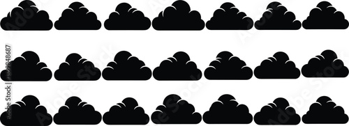 Black cloud silhouette icons arranged in rows, minimal flat vector illustration isolated on white background representing weather symbols, sky elements, abstract design, and graphic pattern concepts