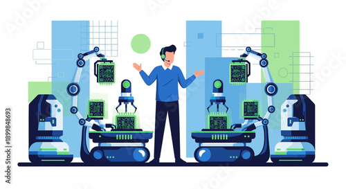Automated electronics assembly line showcasing technology and operator supervision with modern