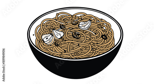 Vector illustration of a bowl of spaghetti with garlic cloves, for food marketing or recipe use, Isolated on transparent background, png