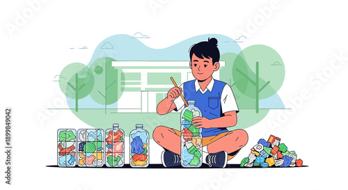 Boy passionately creates art from recycled materials in sustainable practices illustration