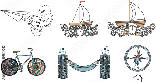 Abstract metaphors of travel and time featuring clockwork boat digital paper plane and colorful spiral bicycle