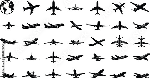 Collection of airplane silhouette icons showing commercial aircraft, jet planes, aviation travel symbols, airline transportation elements isolated on white background for design use