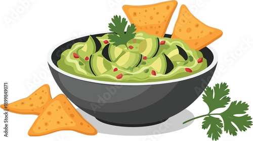 Bowl of fresh guacamole with tortilla chips and cilantro, ready for a delicious snack or appetizer