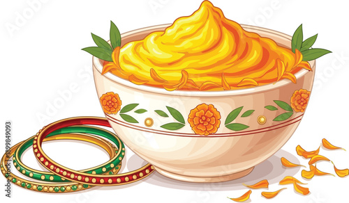 Bowl of vibrant yellow mango halwa dessert decorated with green leaves and marigold flowers.
