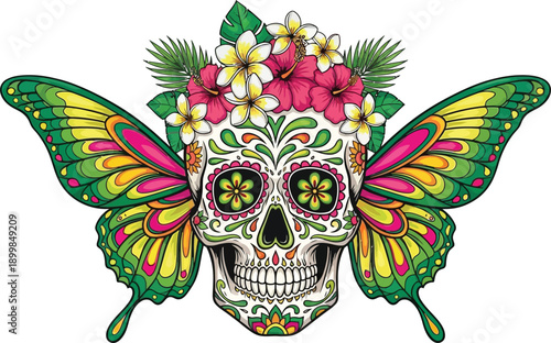 Colorful sugar skull with butterfly wings and tropical flowers for day of the dead celebration