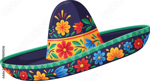Colorful sombrero hat with floral decorations and patterned brim for mexican fiesta or party celebration