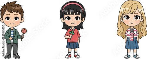 Cute cartoon children characters holding colorful lollipops and candy on sticks standing in a row illustration
