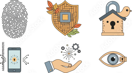 Cyber security and biometric identification icon set featuring fingerprint shield lock and eye scanning concept