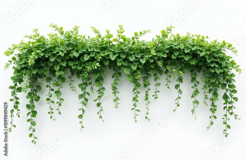 Lush green hanging plant cascade isolated on white background. Trailing vines and small leaves create a natural decorative element. Ideal for vertical garden or natural design projects.