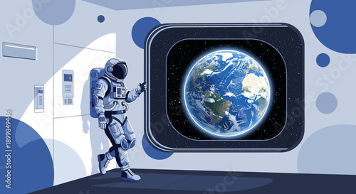 Captivating astronaut illustration gazing at Earth from a space station window showcasing