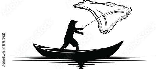Fisherman casting net from traditional boat at sunrise, silhouette graphic design, water reflection scene