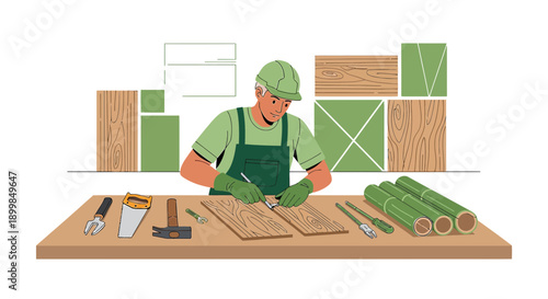 Carpenter shaping wood planks with precision and craftsmanship in workshop setting