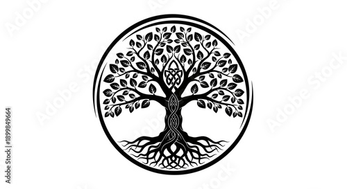 Black and white Tree of Life symbol with intricate roots and branches.