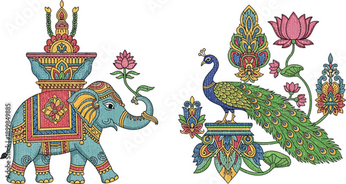 Indian elephant and peacock vector illustration with traditional ornaments and floral motifs on transparent art