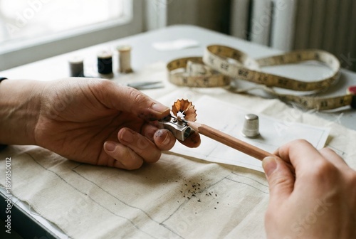 A person sharpens a pencil using a sharpener while working on a sewing project. Various sewing materials like fabric and spools are on the table