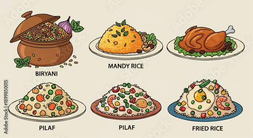 Assorted International Rice Dishes Served on Plates and in a Pot, Showcasing Various Culinary Delights